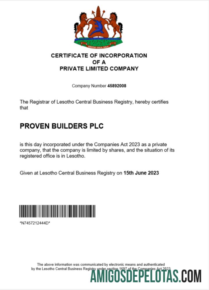 Certificado de registro de empresa do Lesoto para impressão, modelo Word e PDF